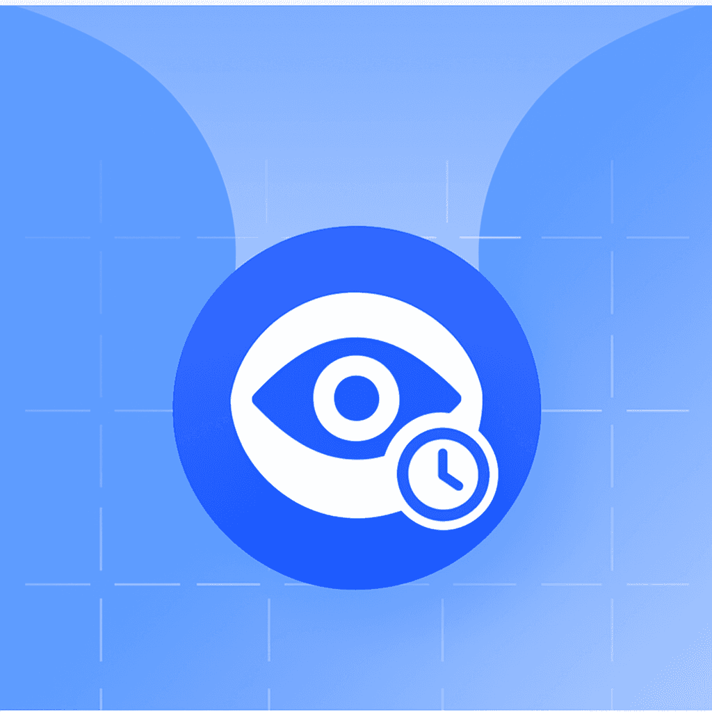 A blue circular icon featuring a white stylized eye with a clock symbol in the corner, set against a blue and light blue background with a grid pattern.