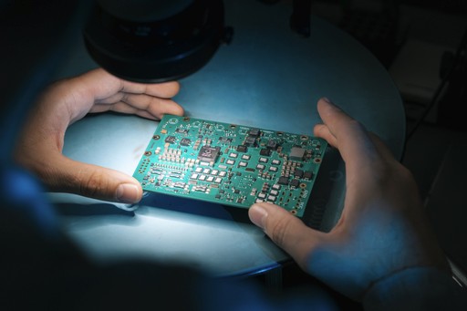 A person closely inspecting a green circuit board under the focused light of a desk lamp.