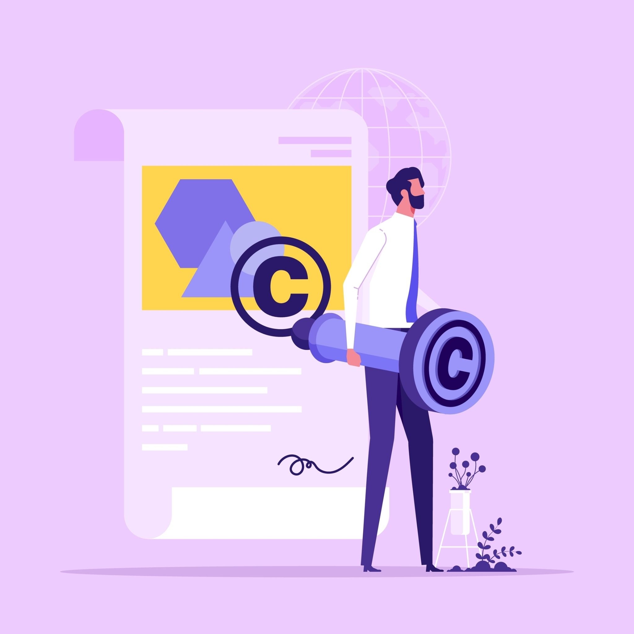 Influencer content copyright and usage rights illustration showing a marketer holding a copyright symbol next to a signed creator contract
