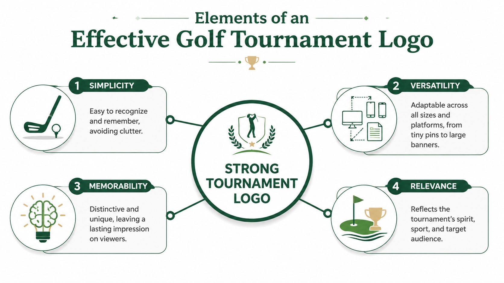 An infographic showing four key elements of an effective golf tournament logo: simplicity, versatility, memorability, and relevance.