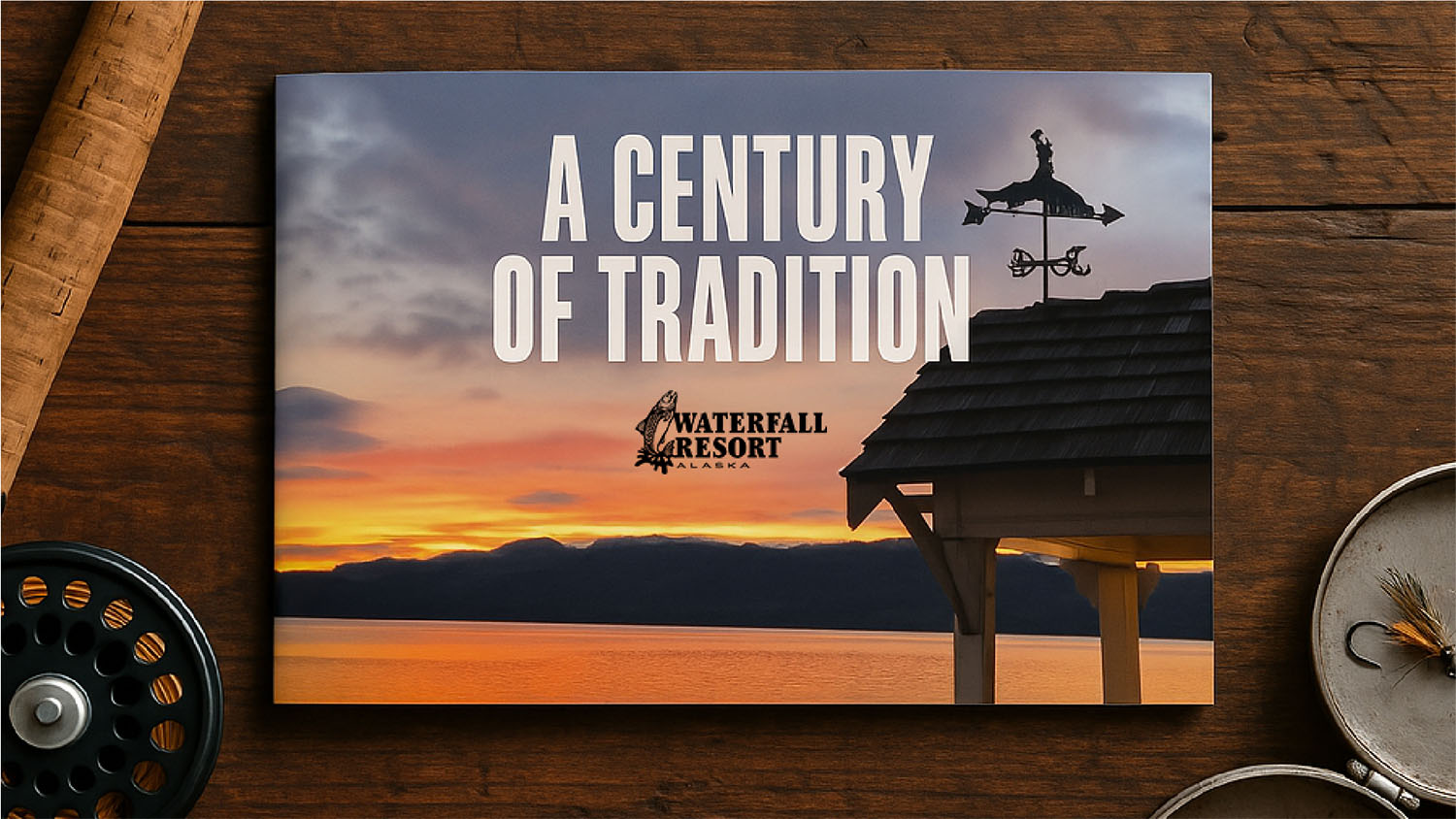 WTADS client Waterfall Resort Alaska brochure design with rod reel and lure.