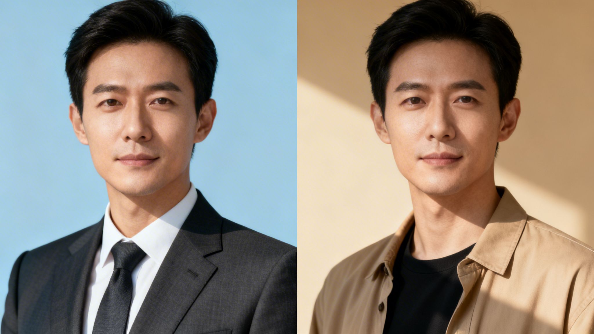 Doppelporträt eines gutaussehenden Mannes in Business- und Freizeitkleidung vor hellen Hintergründen.