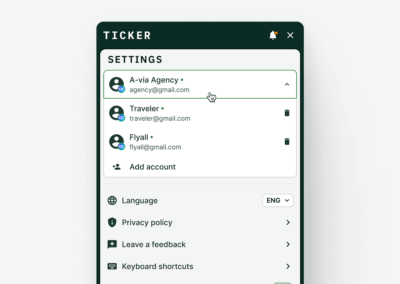Settings screen with multi accaunt function