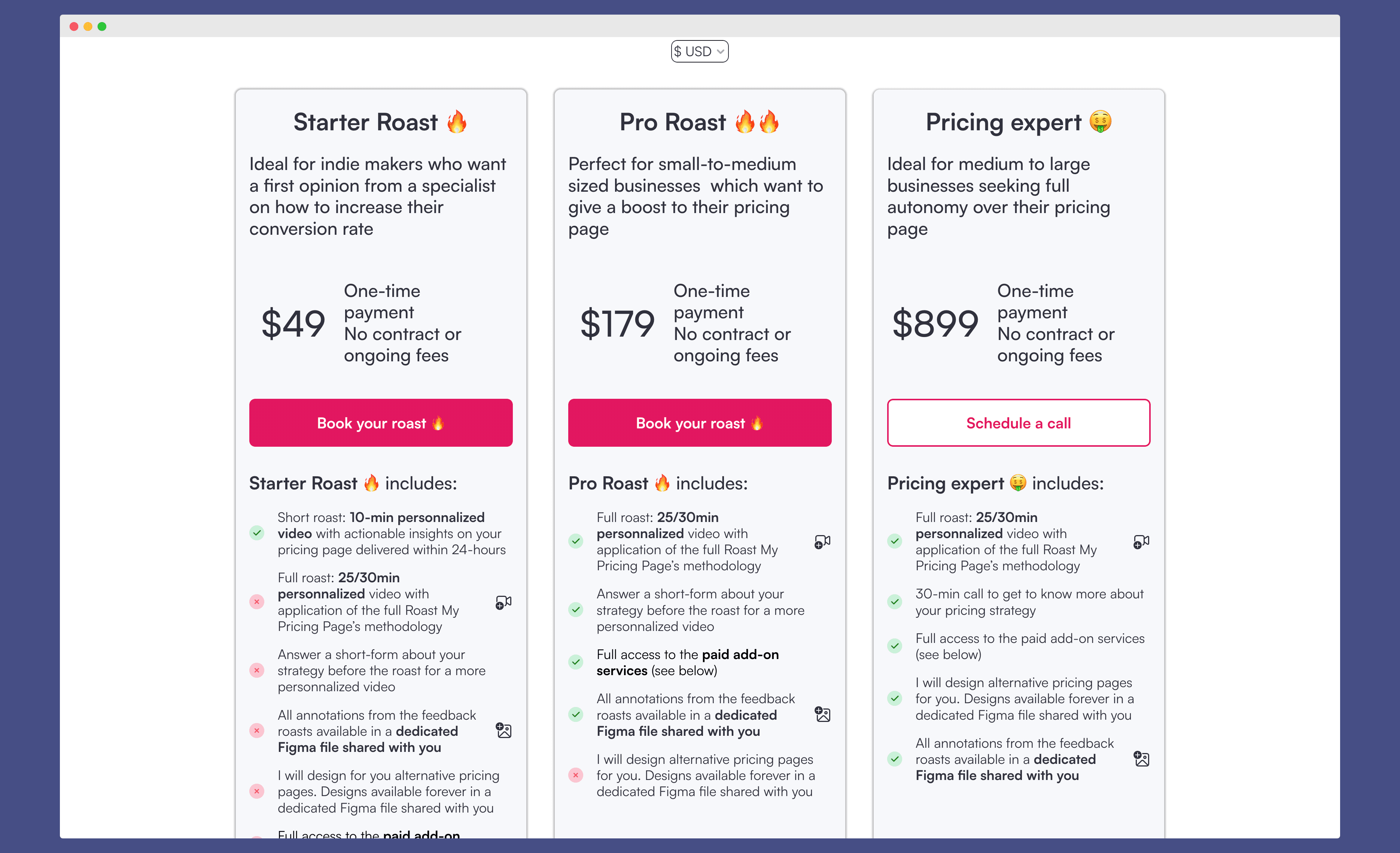 A screenshot of Roast My Pricing Page's Pricing Page