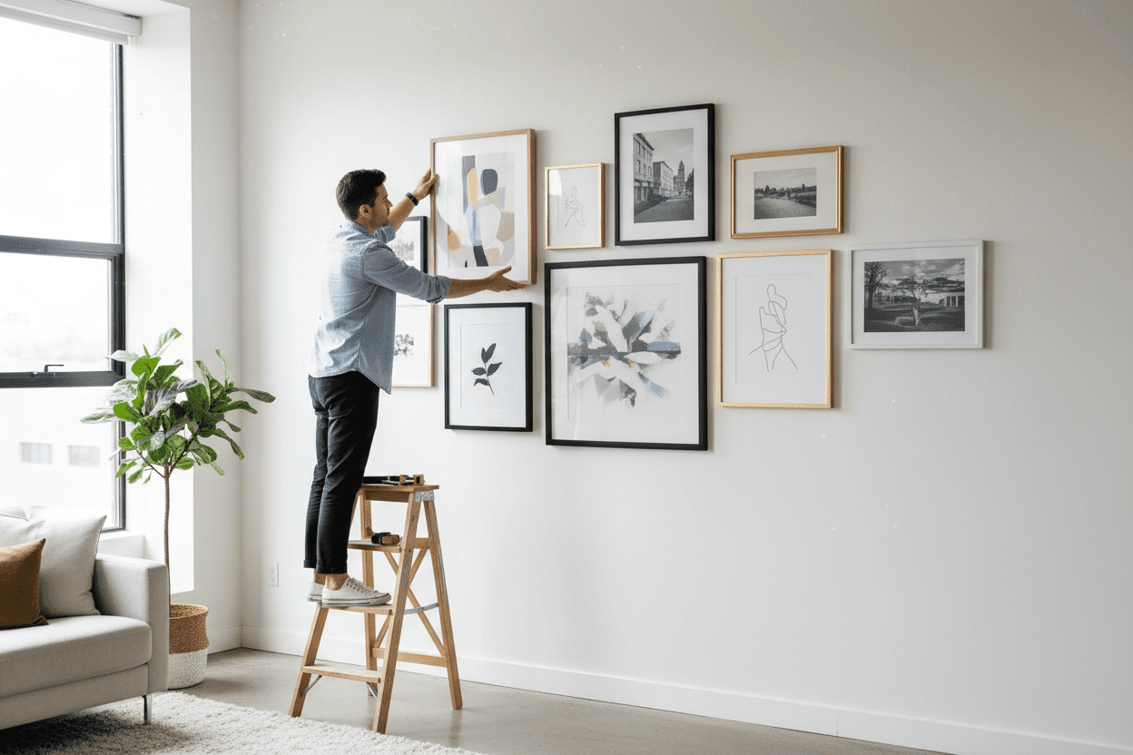 person hanging a gallery wall