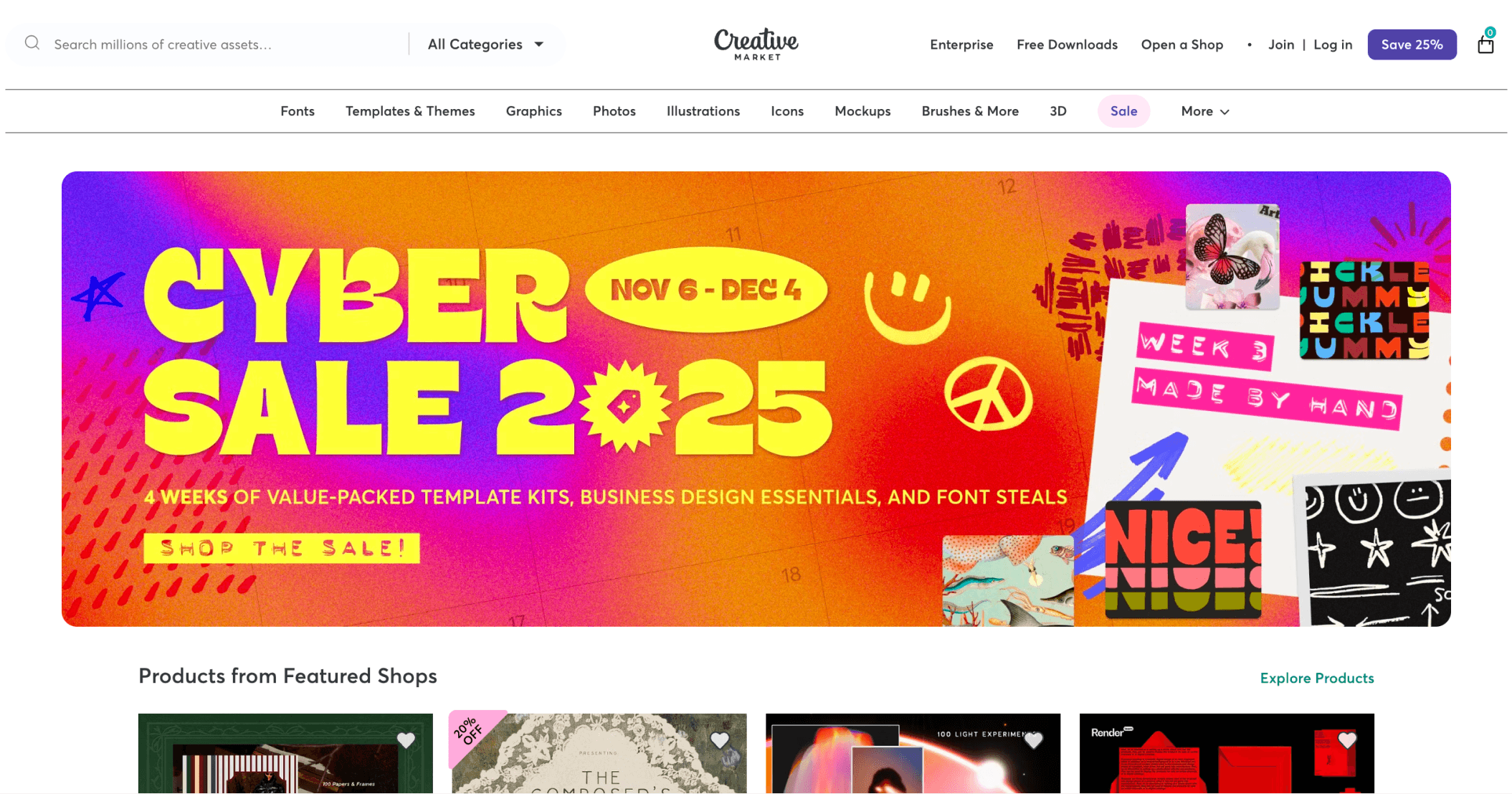 Creative Market Cyber Sale 2025 banner with bold neon typography, announcing Nov 6–Dec 4 discounts on templates, design assets, fonts, and business essentials, featuring colorful collage graphics and promotional callouts