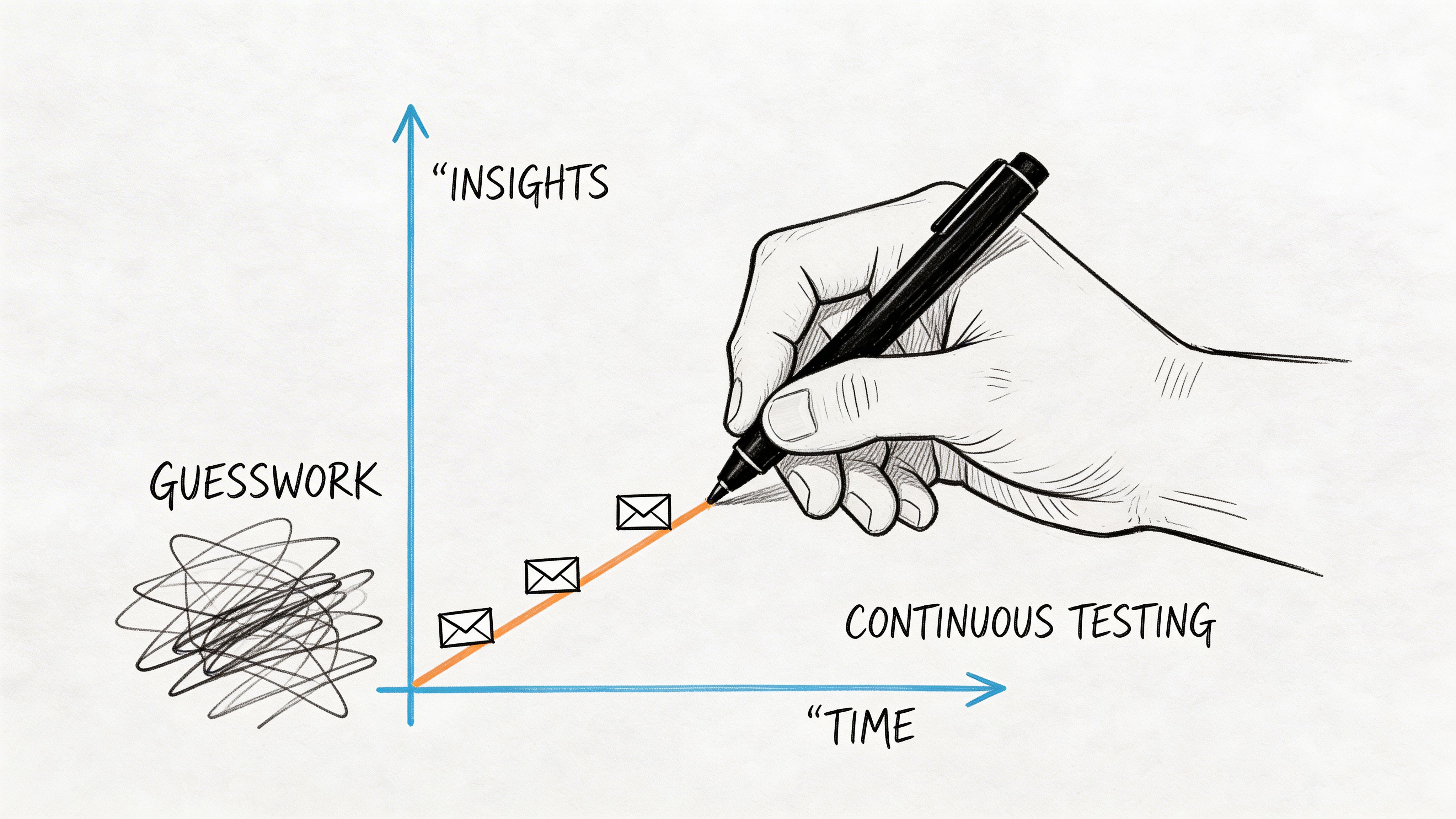 A hand-drawn chart showing a transformation from chaotic guesswork to linear insights through continuous email testing.
