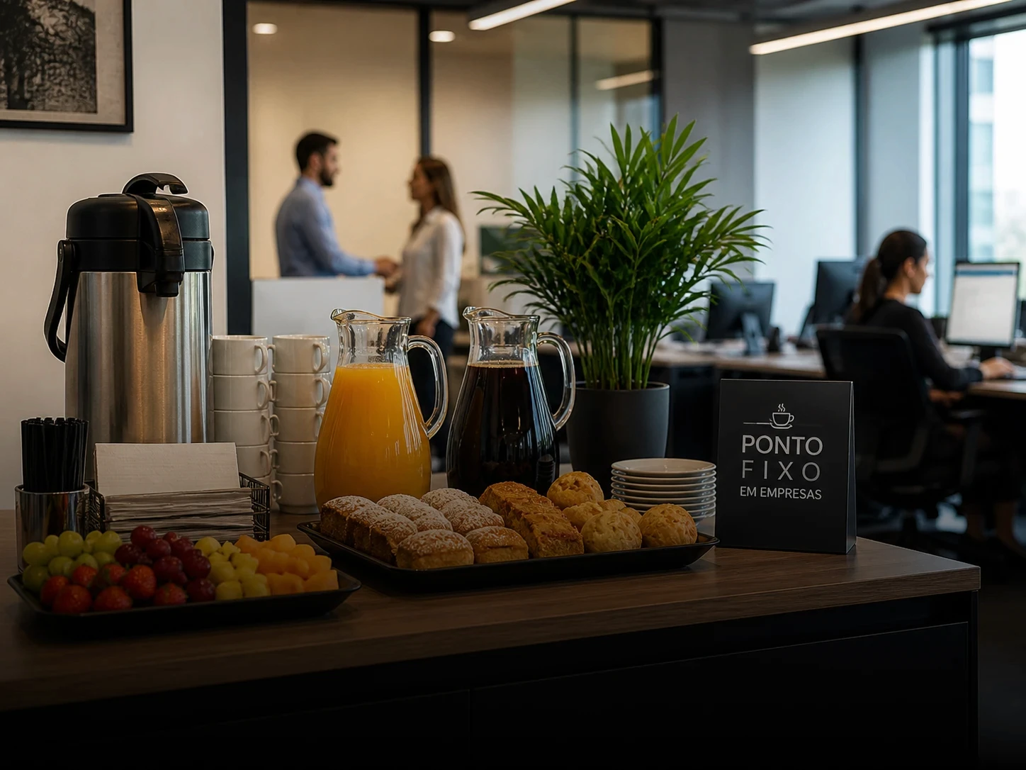 Estrutura fixa de alimentação para empresas com café, bebidas e serviço dedicado para rotina corporativa e bem-estar da equipe.