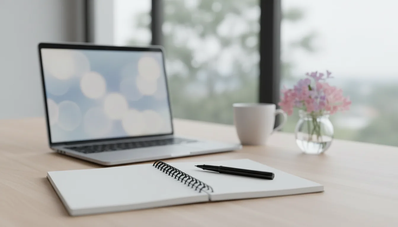 DSLR photograph of a remote work setup on a light wood desk, angled view with a shallow depth of field. The foreground is in sharp focus, showing an open notebook with blank pages and a fine-liner pen resting on it. In the midground, slightly out of focus, is an open silver laptop with a blurred screen. To the right, there is a white ceramic mug and a small glass jar with a simple bouquet of pink and purple flowers. The entire scene is lit by soft, natural daylight coming from a large, bright window in the background, which is heavily blurred with a strong bokeh effect.