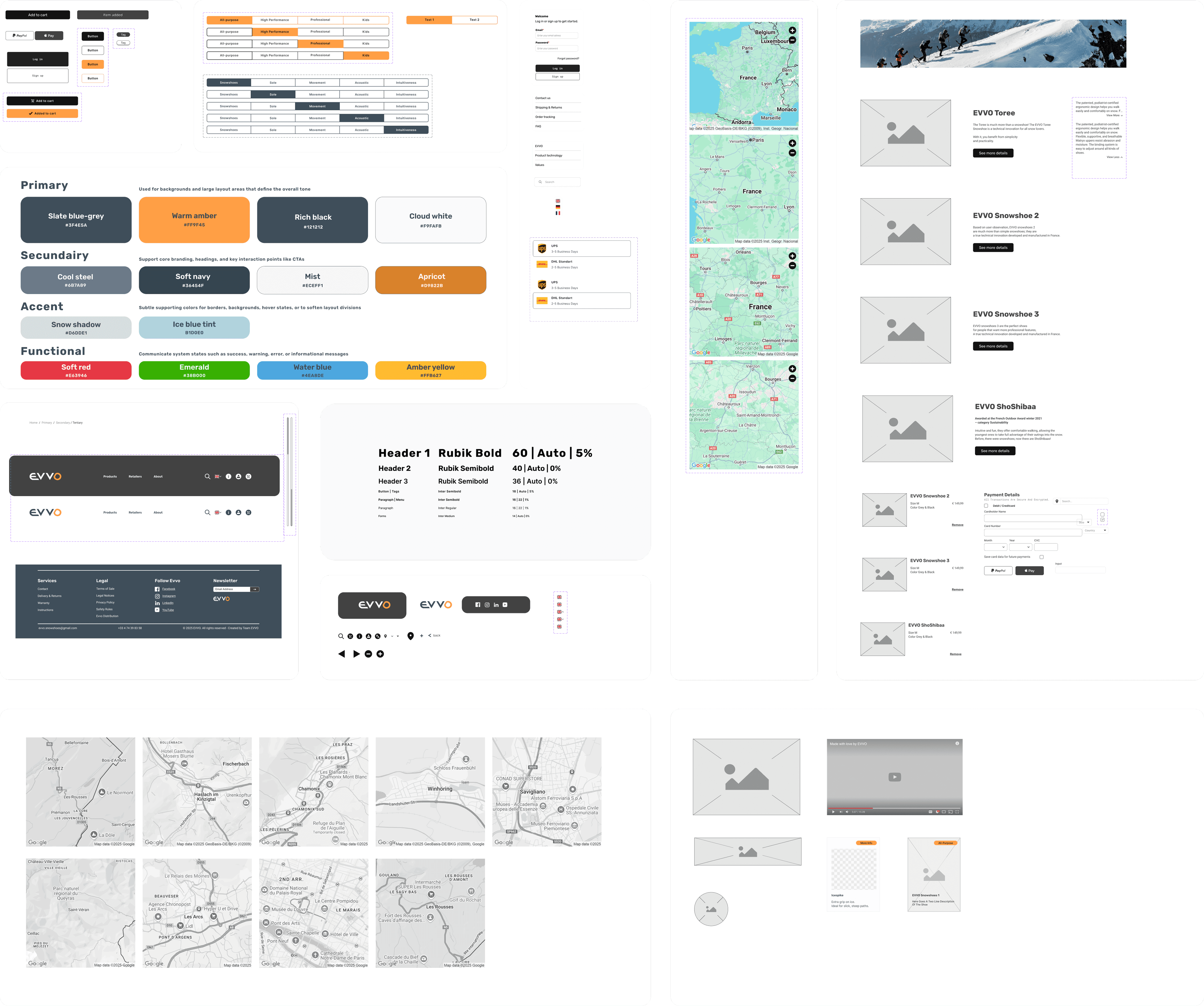 Set of components, including cards, navigation menus, maps, media placeholders and charts, designed as foundational building blocks for constructing the high-fidelity pages of the EVVO website. These modular UI elements support clarity, consistency, and scalable design across the product.