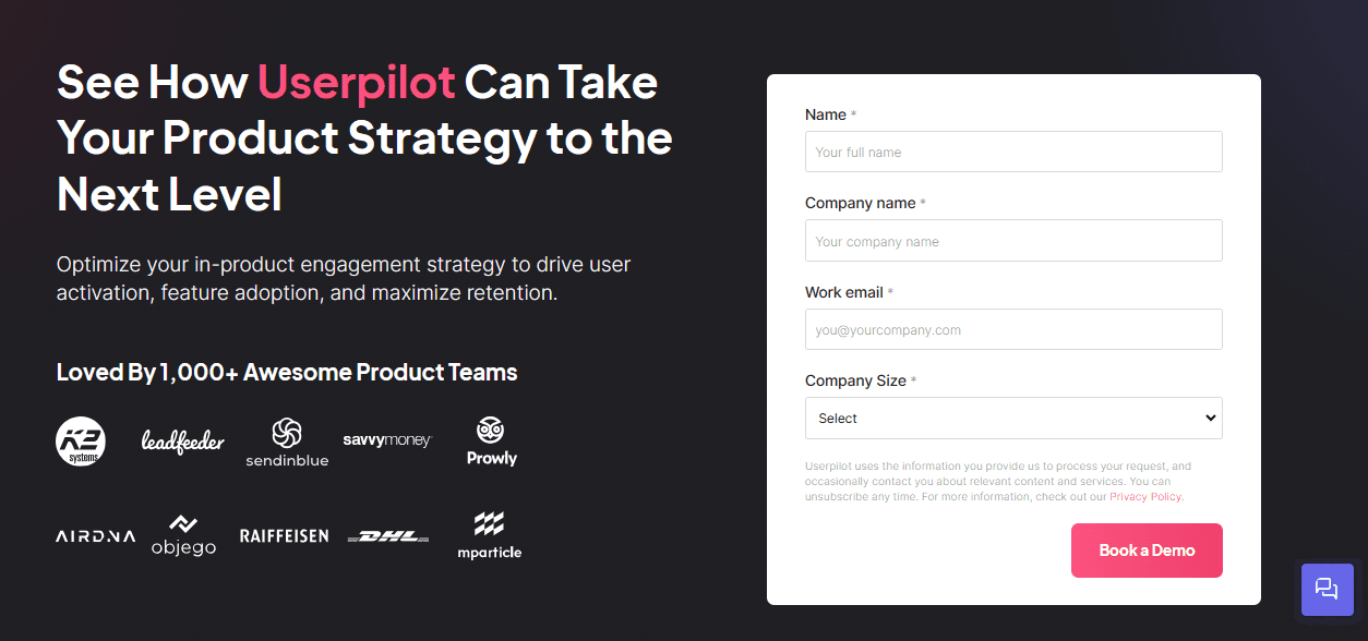 Userpilot's SaaS landing page