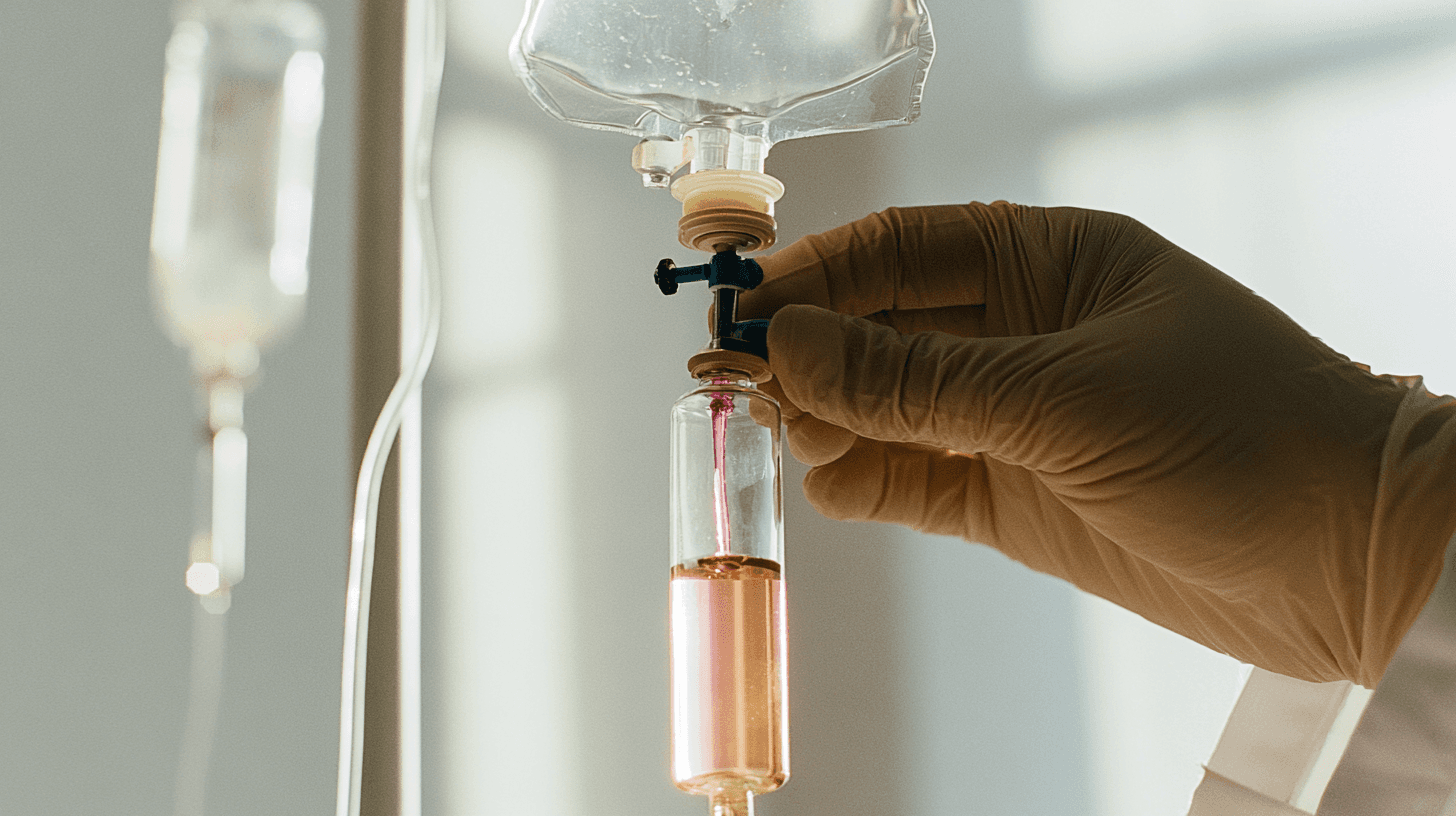 A gloved clinician adjusting the flow valve on an IV drip bag connected to a tinted infusion vial.