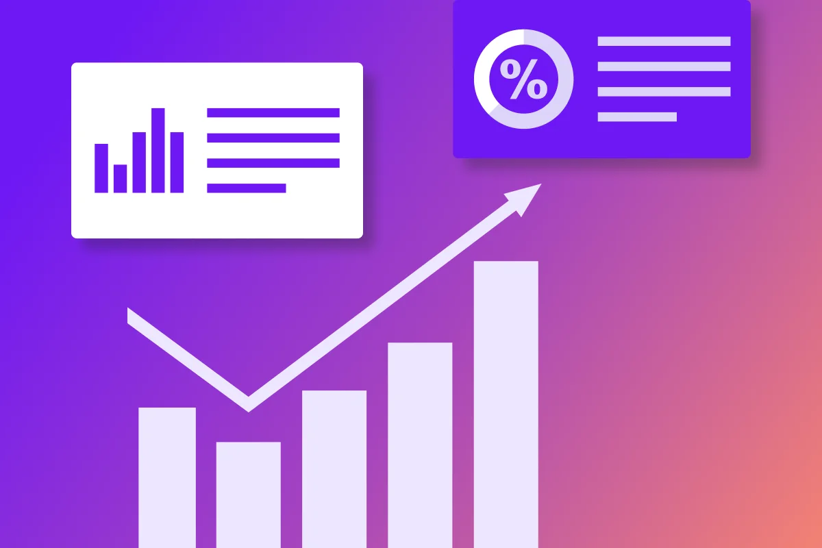 Graph illustration showing upward trends with statistics on the left and a circular icon on the right.