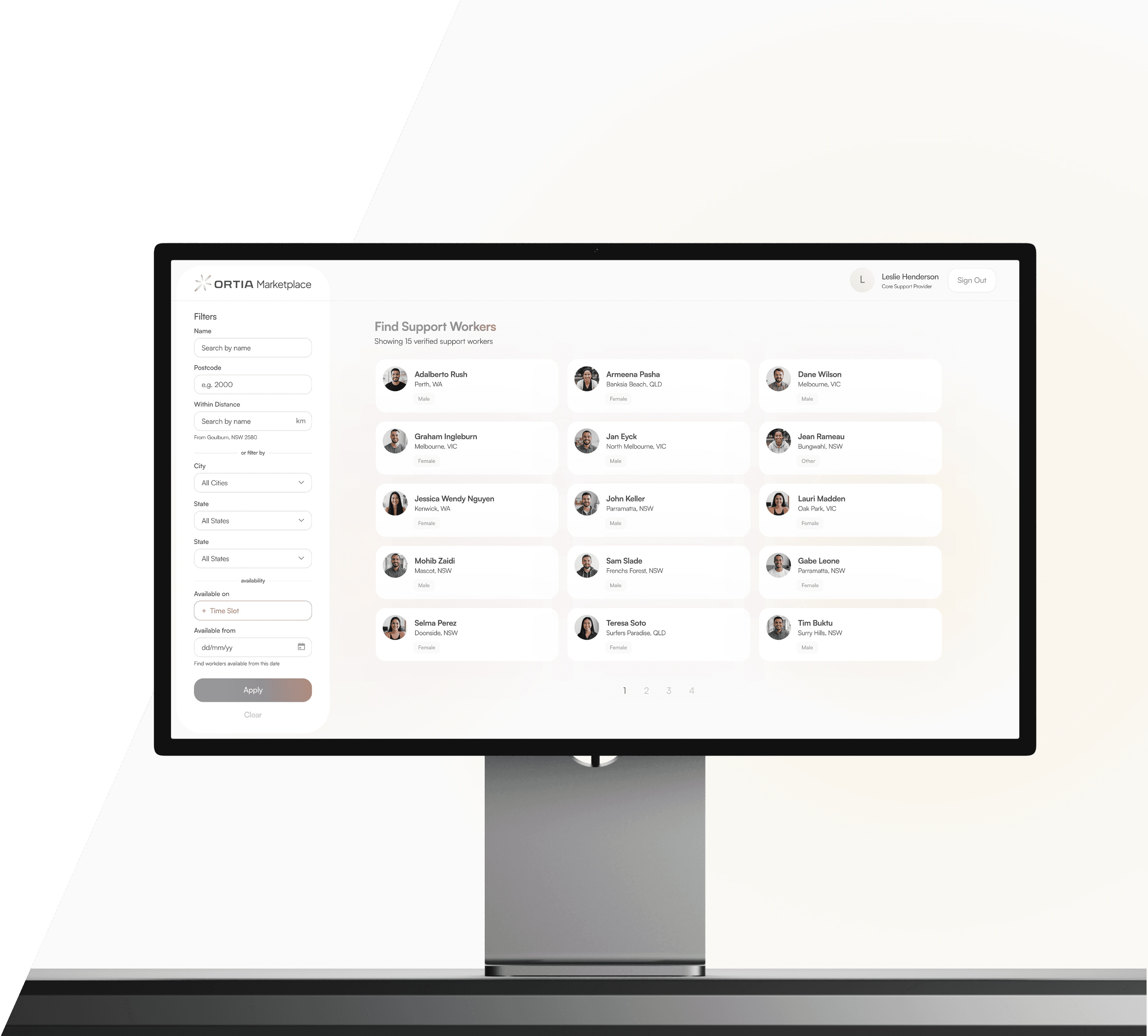 ORTIA dashboard interface displaying data charts, metrics for an NDIS business