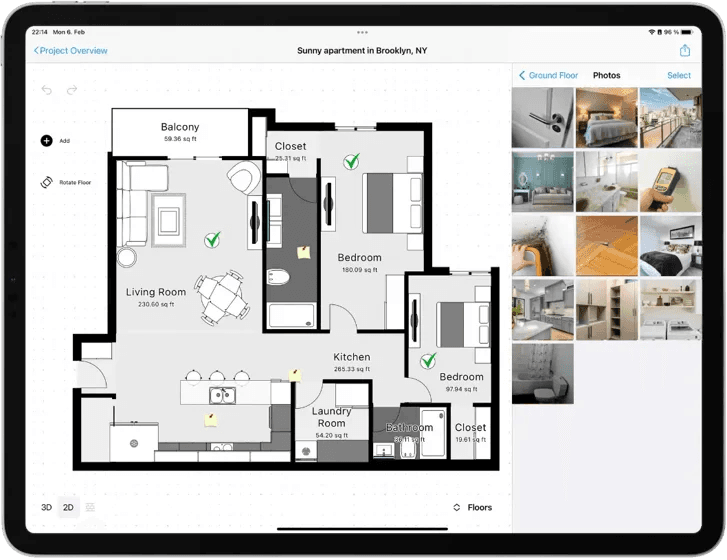 magic plan digital floor plan with room labels, measurements, and linked project photos