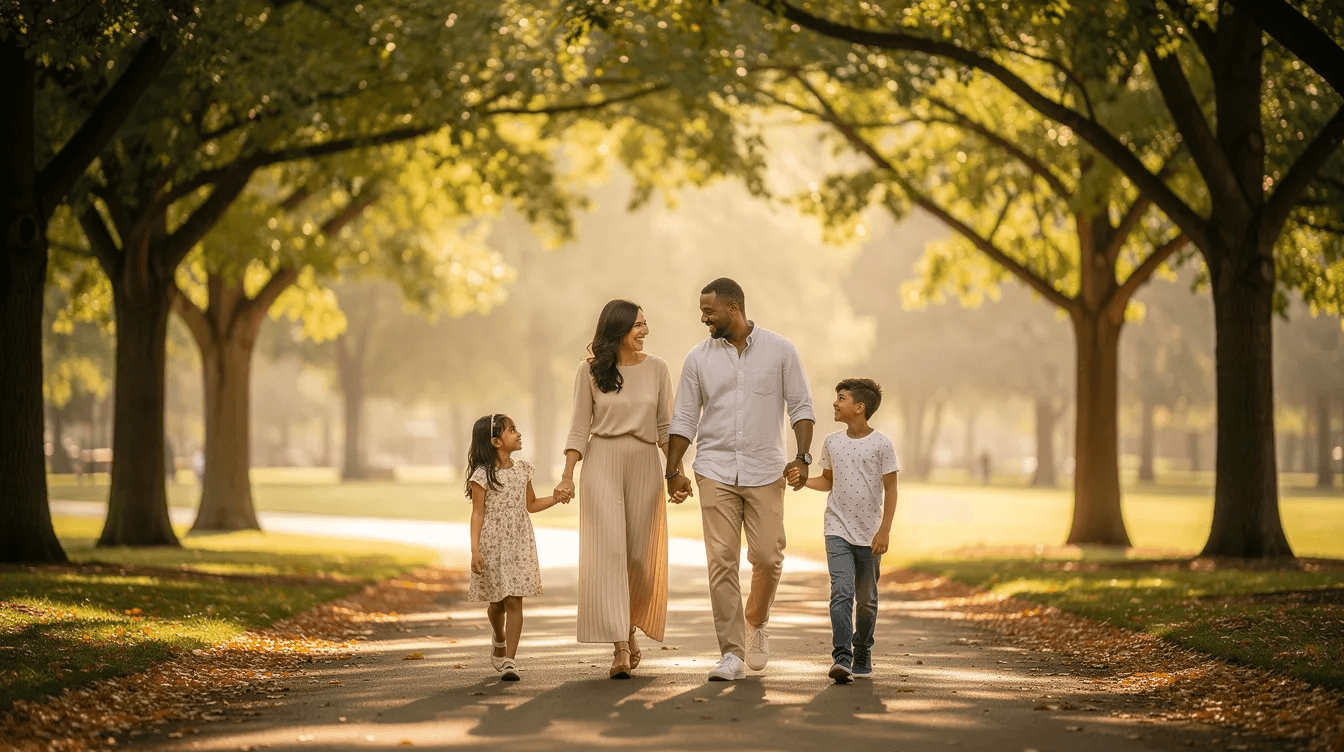 A family of four is walking together on a serene, tree-lined path, enjoying each other's company amidst the beauty of nature. This peaceful scene reflects the importance of nurturing relationships as they plan for a secure financial future and manage their newfound wealth.