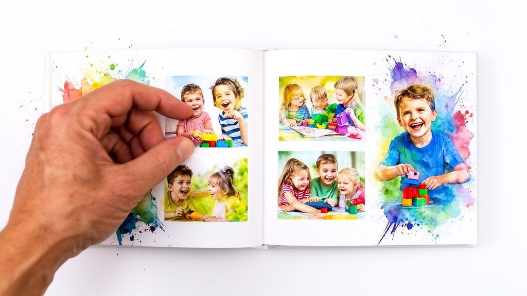 Open photo album displaying colorful watercolor photos of happy children playing with toys.