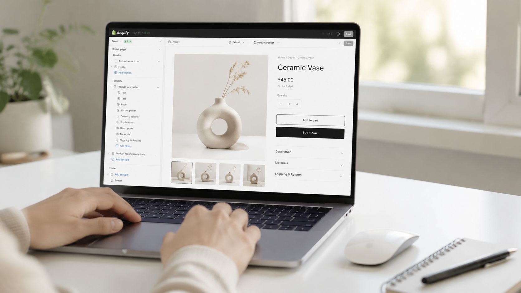 A person editing a product page for a ceramic vase using the Shopify website builder on a laptop.