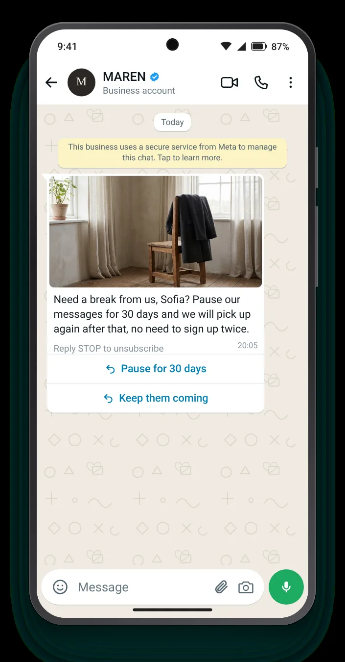 A month off instead of goodbye: WhatsApp re-engagement message on an Android phone