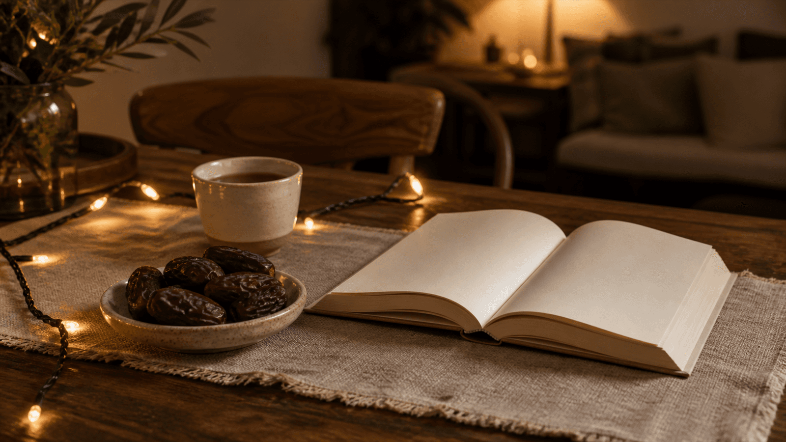 String lights, dates, tea and an open book arranged at home for the month of Mawlid