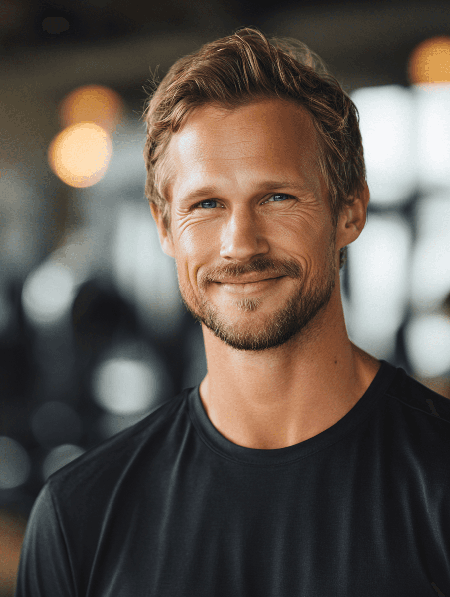 Close-up of smiling bearded man with short brown hair in gym.