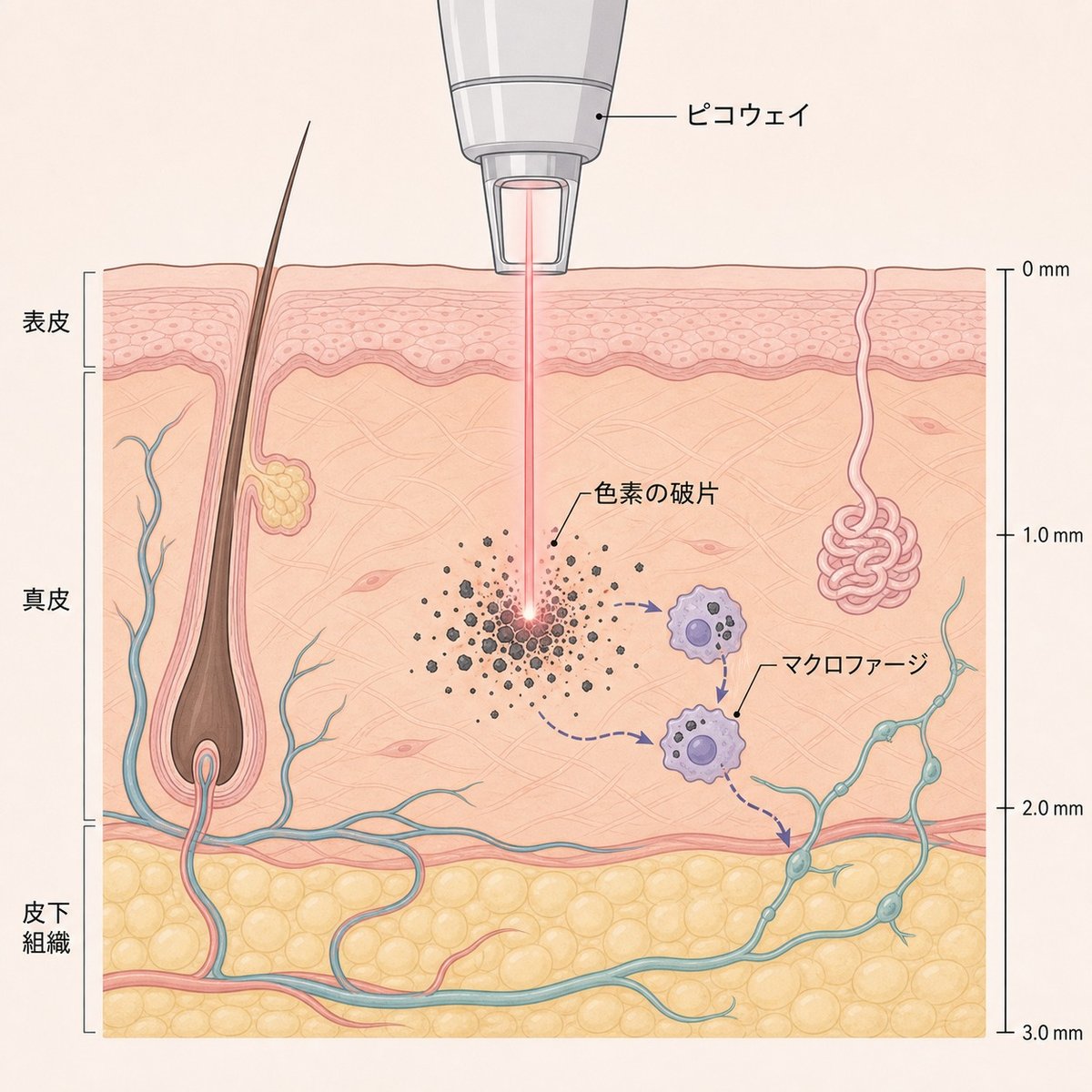 ピコウェイがインクを砕き、免疫細胞が破片を運び出す仕組みの断面図