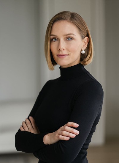 Portrait of a businesswoman in a black turtleneck with folded arms.