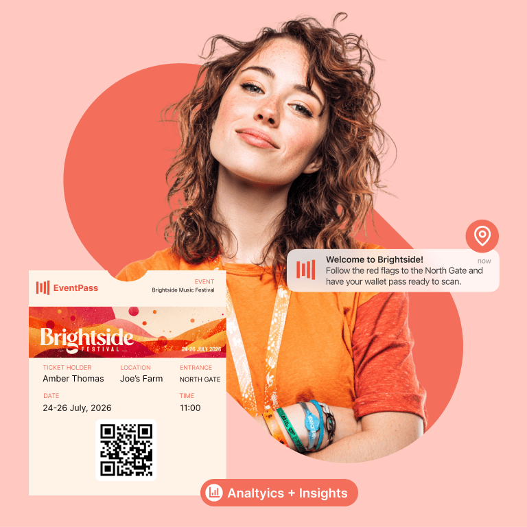 Woman smiling with Brightside Music Festival ticket and lock screen notification