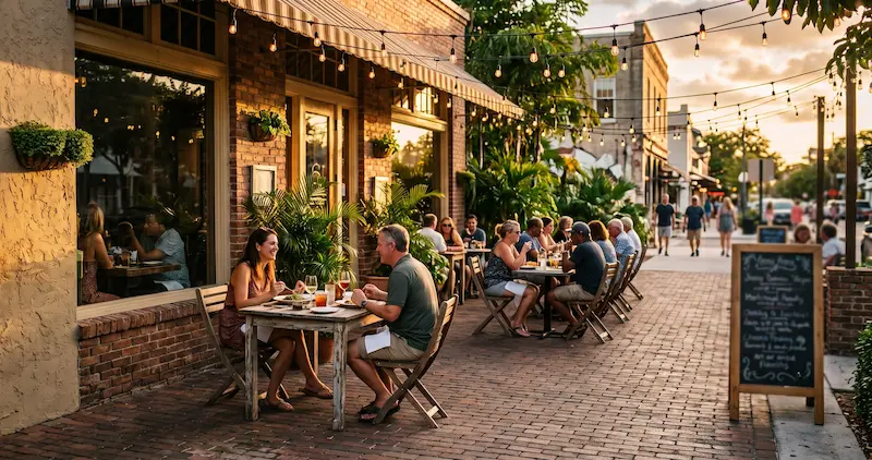 An independent Bradenton restaurant patio with string lights and palms at golden hour.