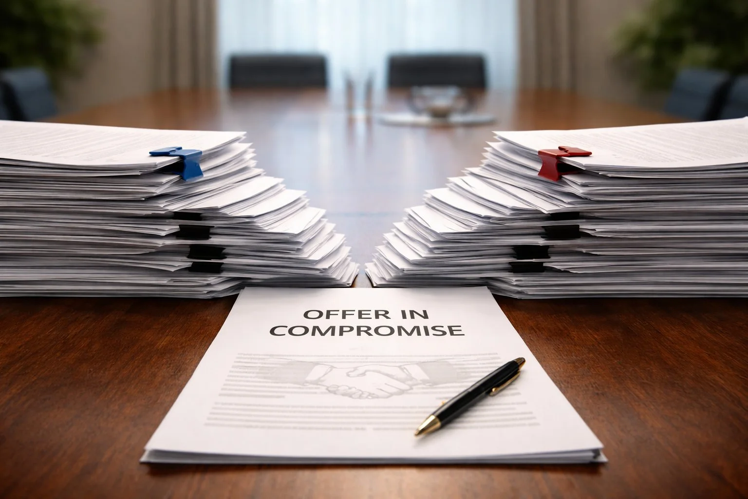 Two stacks of papers meeting in the middle, symbolizing a negotiation and compromise between parties.