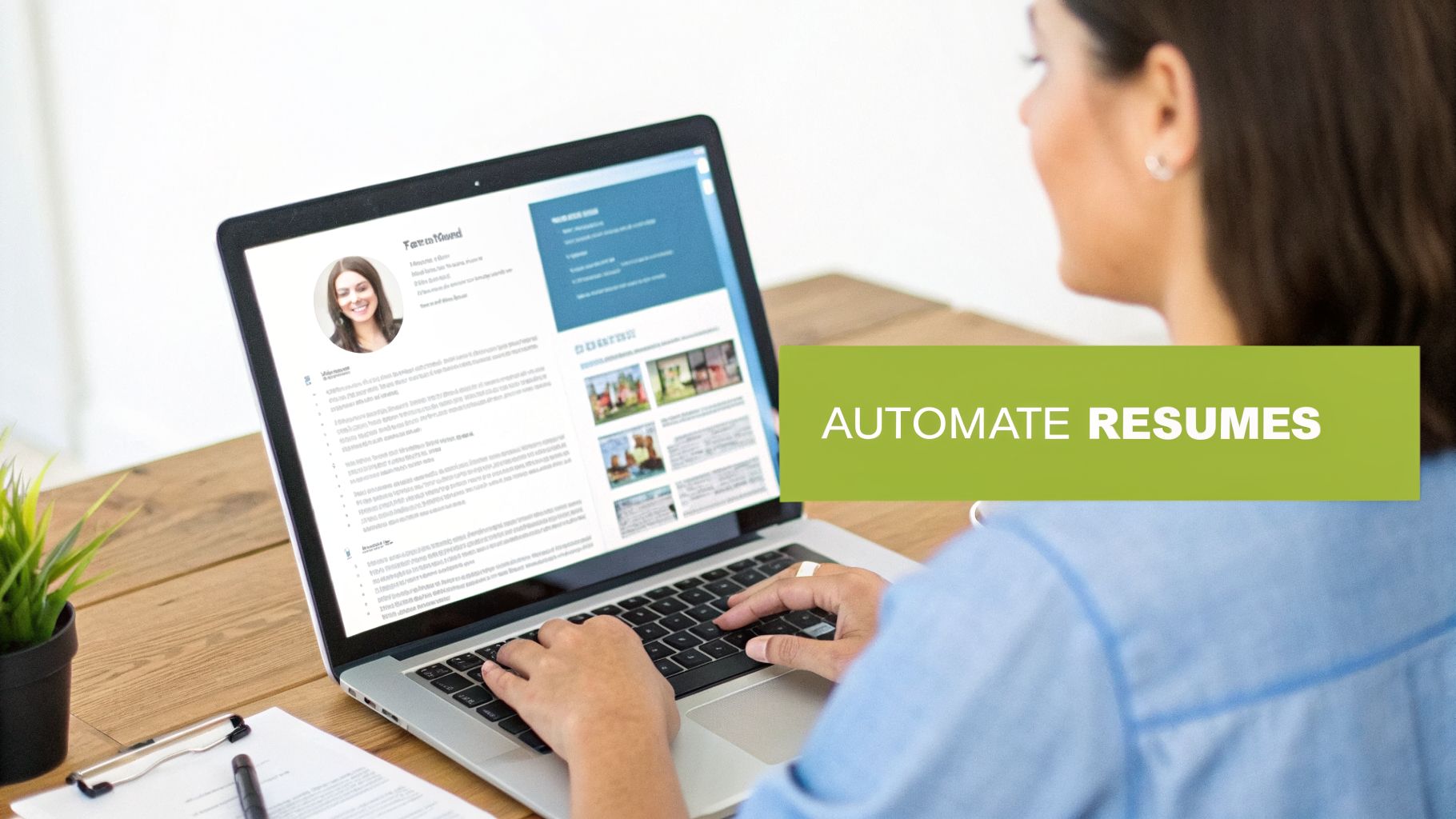A woman typing on a laptop, viewing an online resume template with a profile picture, text says 'AUTOMATE RESUMES'.