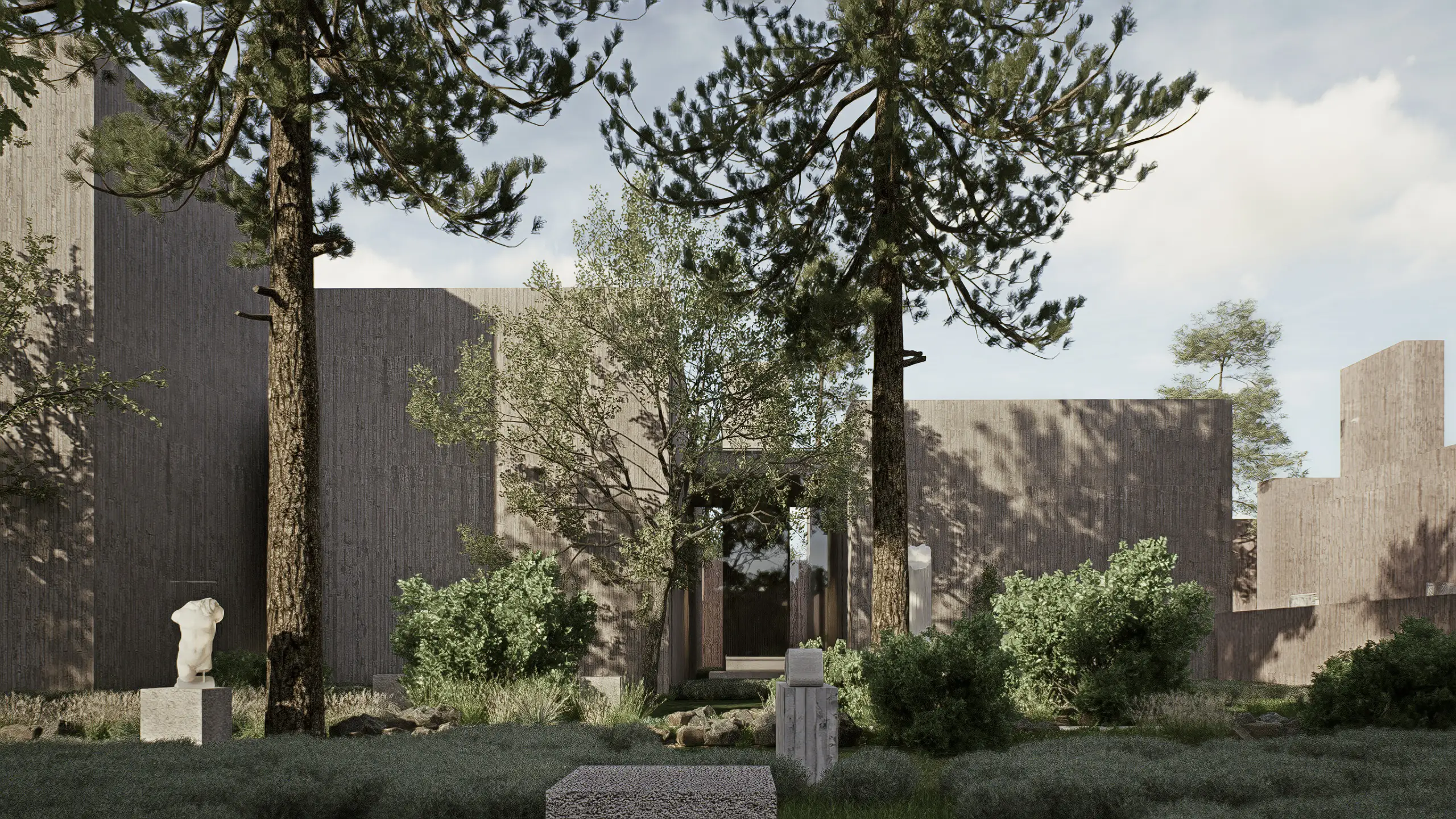 Museum buildings among pine trees and planting, with an outdoor sculpture