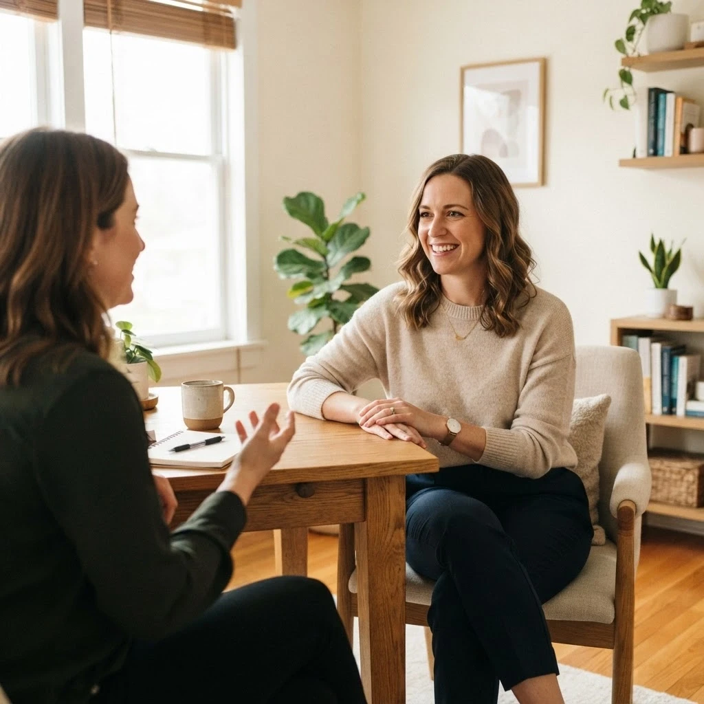 Two women talking together