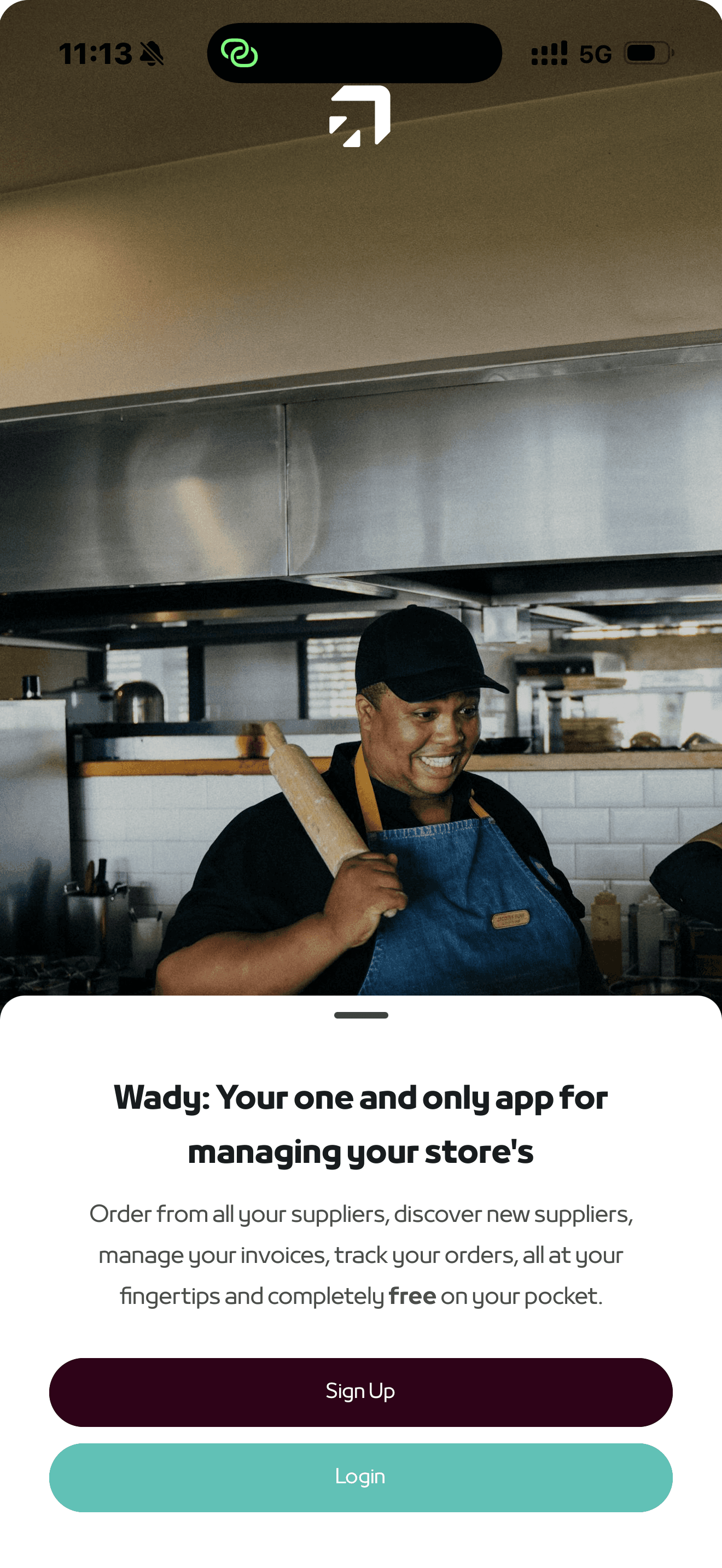 الشاشة الرئيسية لتطبيق وادي (Wady)، تعمل كـتطبيق مشتريات للمطاعم، وتساعد أصحاب المطاعم على الوصول إلى مورديهم وإدارة الفئات، كـنظام مشتريات مركزي لـحلول إدارة المخزون للمطاعم.