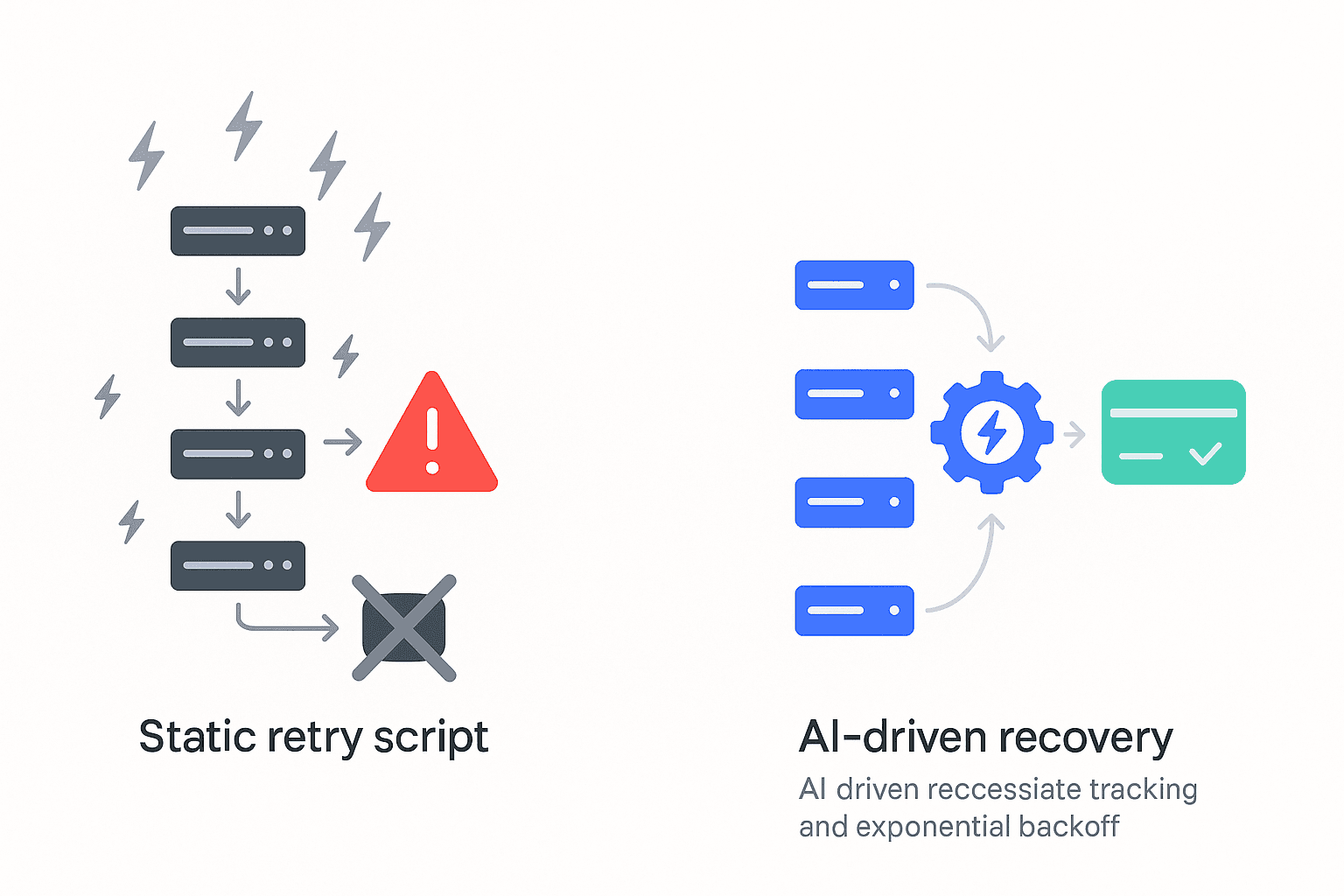 Comparison diagram showing static retry script failing versus AI system successfully recovering payments.