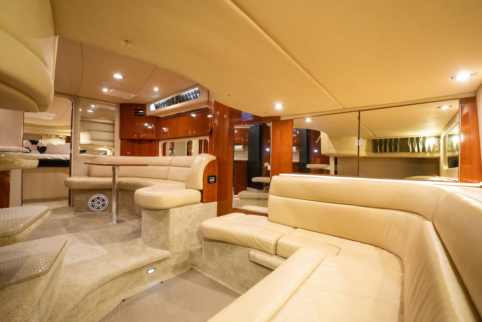 Refined yacht salon interior with panoramic windows
