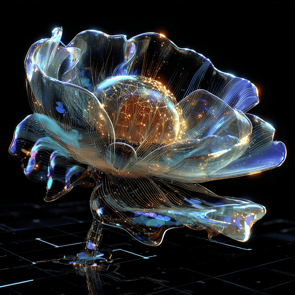 Illustration conceptuelle et futuriste d'une fleur éthérée et lumineuse, symbolisant l'innovation et les possibilités infinies des services IA. La fleur est composée de pétales transparents et ondulants aux reflets bleus et violets, avec un cœur sphérique central émettant une lumière dorée et un réseau complexe de fils ou de connexions neuronales. La tige et la base sont intégrées dans un circuit imprimé lumineux sur fond noir. Ce visuel est une métaphore puissante pour 'l'impossible est désormais possible', mettant en lumière l'expertise de Nux-Studio dans les services IA (intelligence artificielle), la créativité augmentée, et la transformation digitale pour repousser les limites du design et de la création.