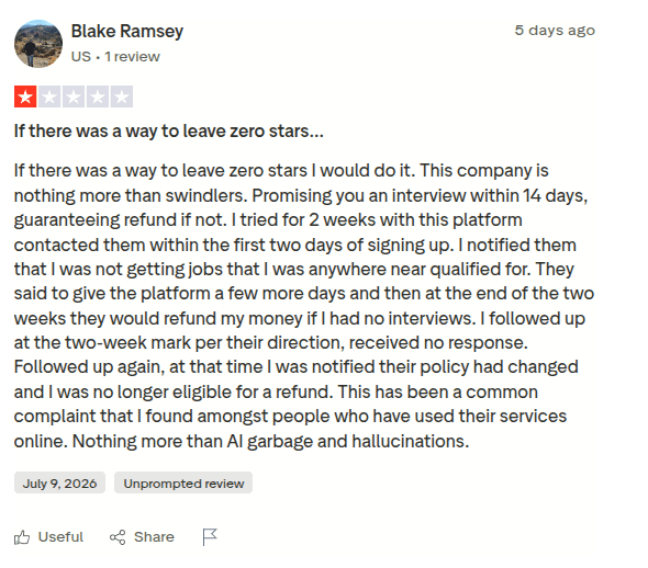 1-star JobHire.ai review about a refused refund after no interviews