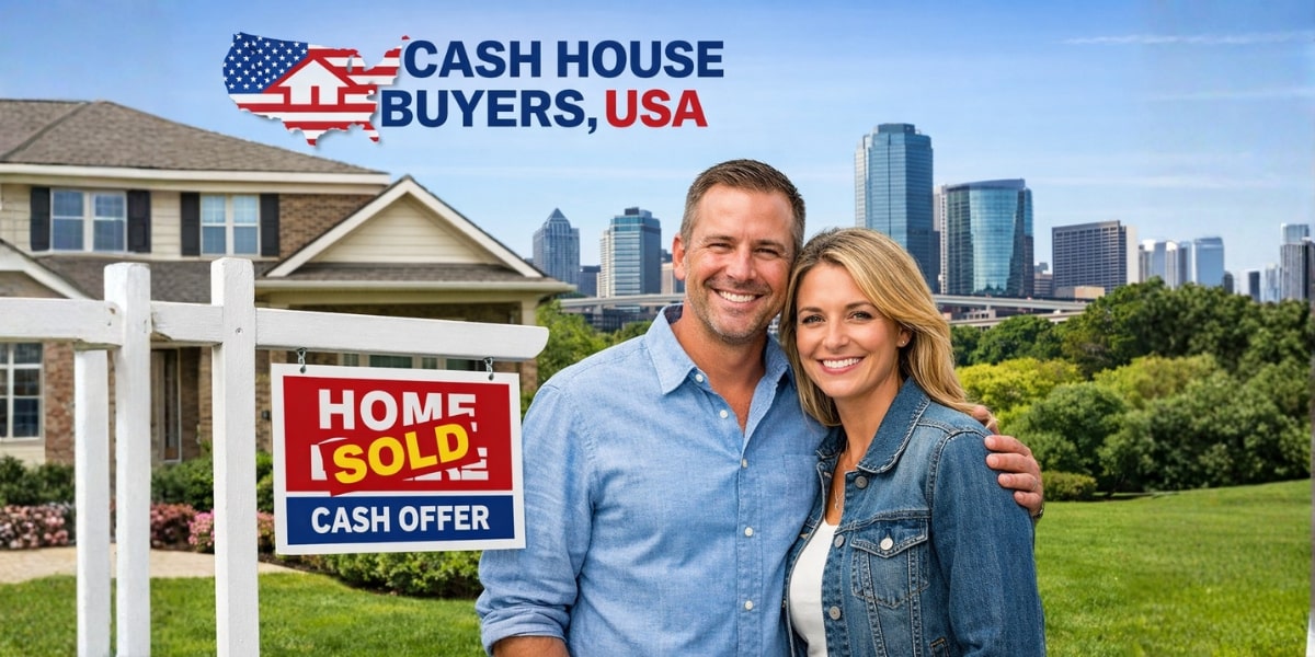 A couple stands in front of a house with a "Home Sold" sign, representing Cash House Buyers USA.