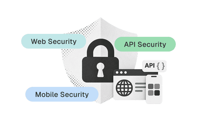 VAPT testing illustration showing web apps, APIs, access control, security shield, bug detection, and vulnerability scanning.