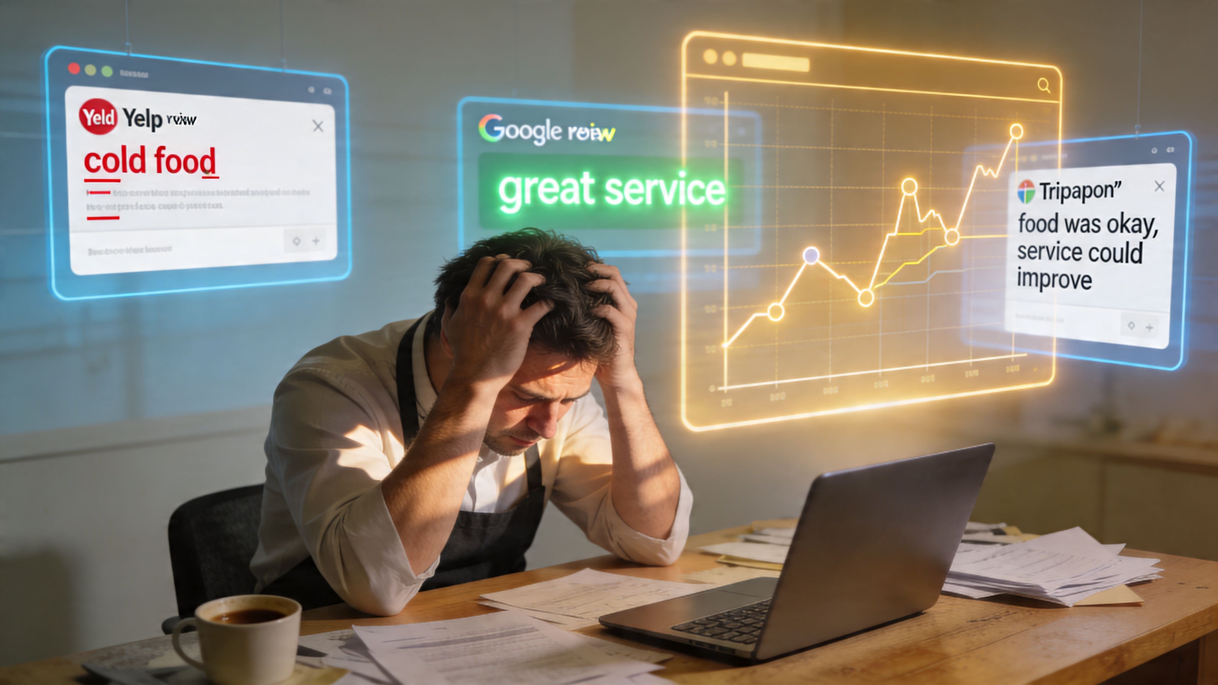 A stressed restaurant owner looking at a laptop screen with floating digital charts of customer feedback reviews.
