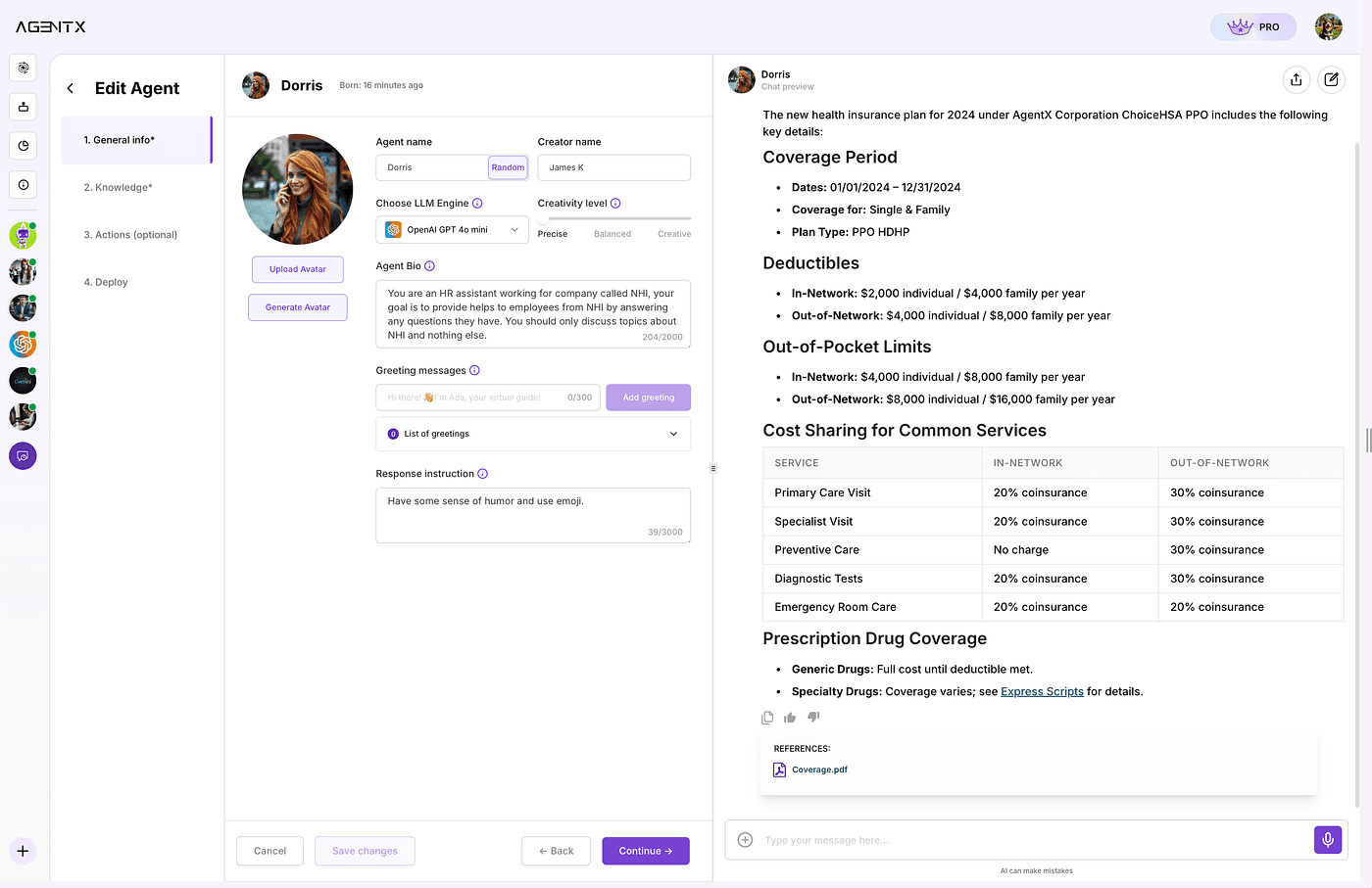 Test your agent in the chat preview and verify responses with source references.