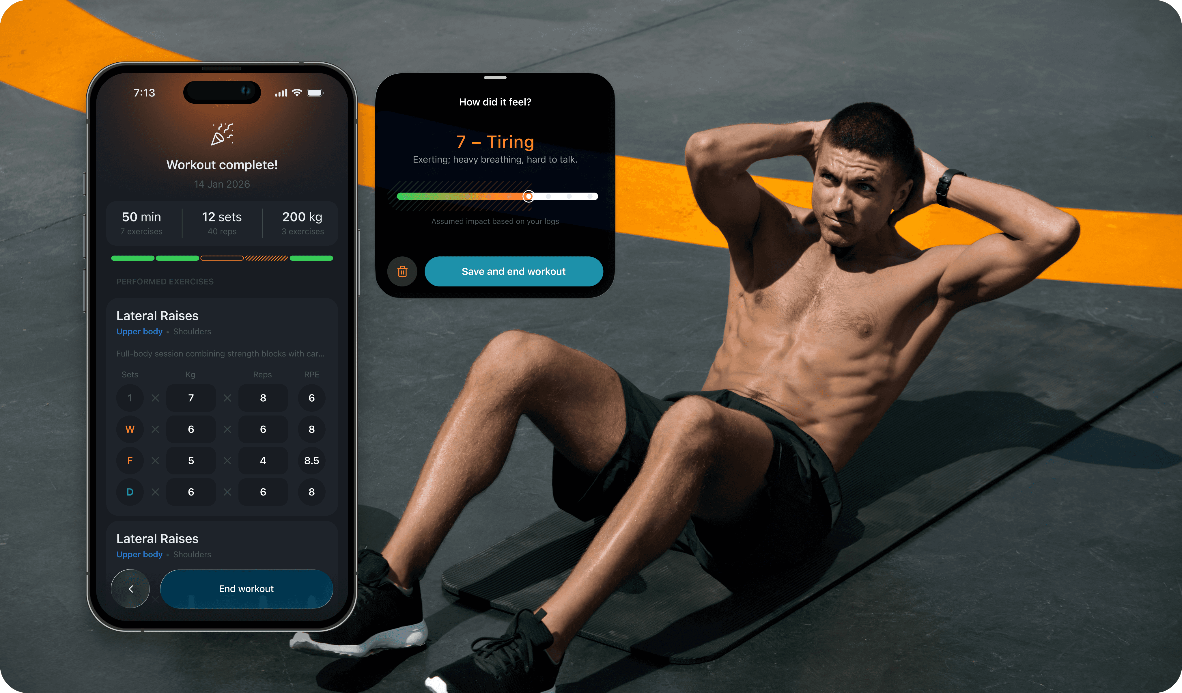 A fit person doing crunches on a gym floor, with a fitness app displayed on a smartphone nearby.