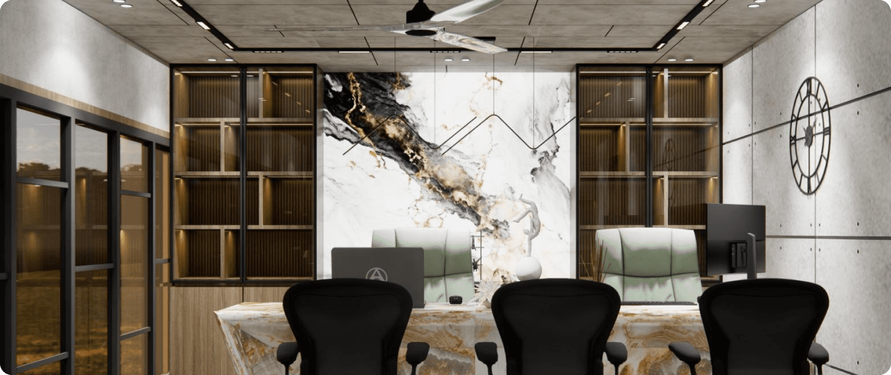 An office design and visualization of the account office of Shree Geeta Gears Manufacturers.