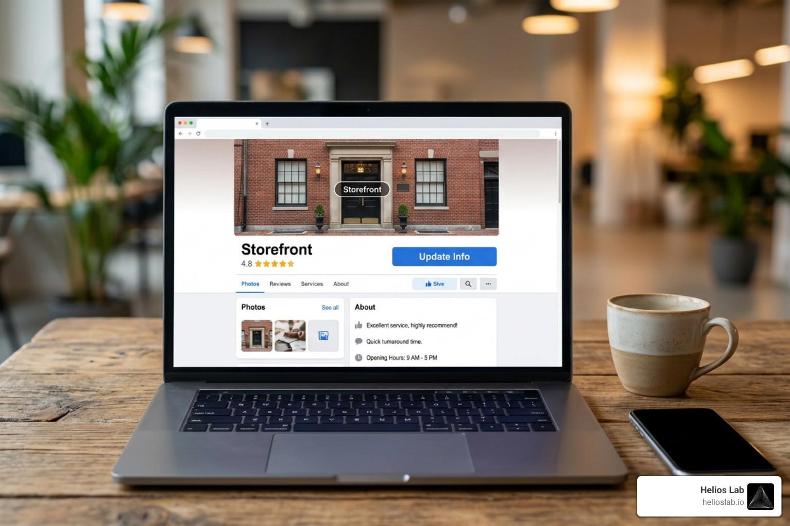 Optimized business listing showing photos review stars and updates