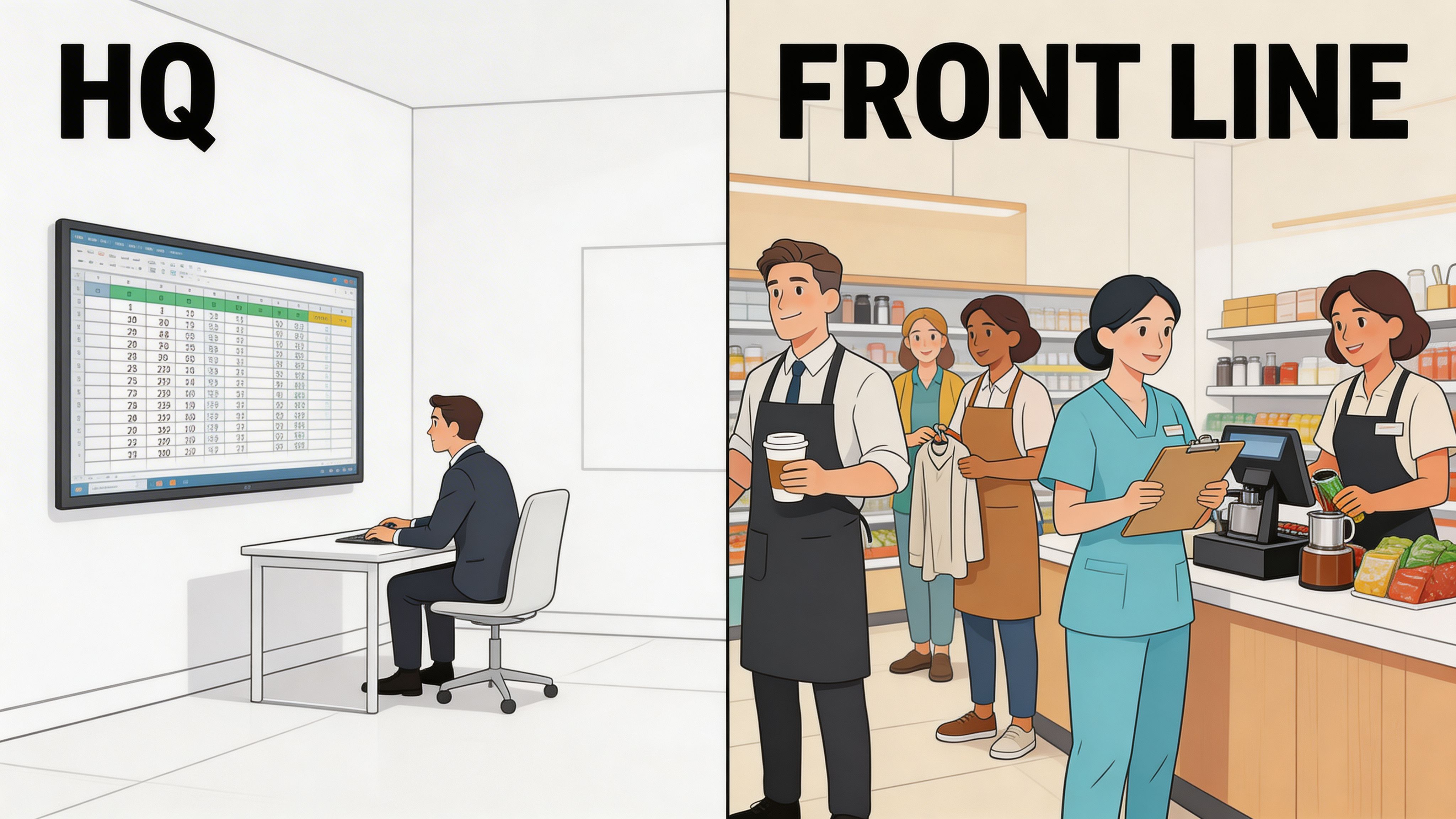 A split comparison showing an office worker at headquarters versus diverse employees working at the front line.