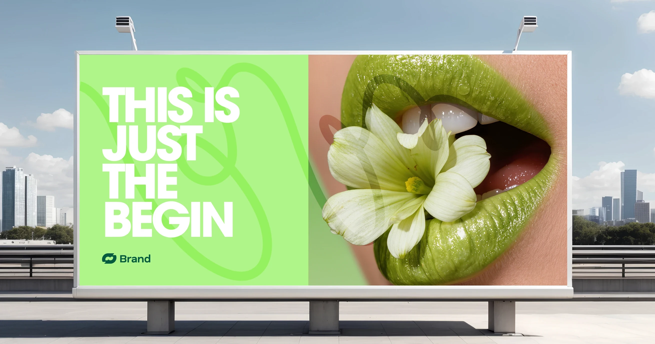 Billboard with green text and lips holding a flower.