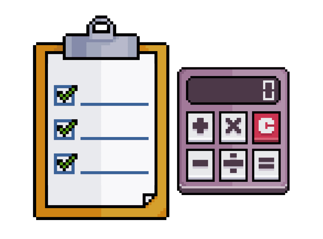 Brown pixel clipboard with a completed checklist and calculator.