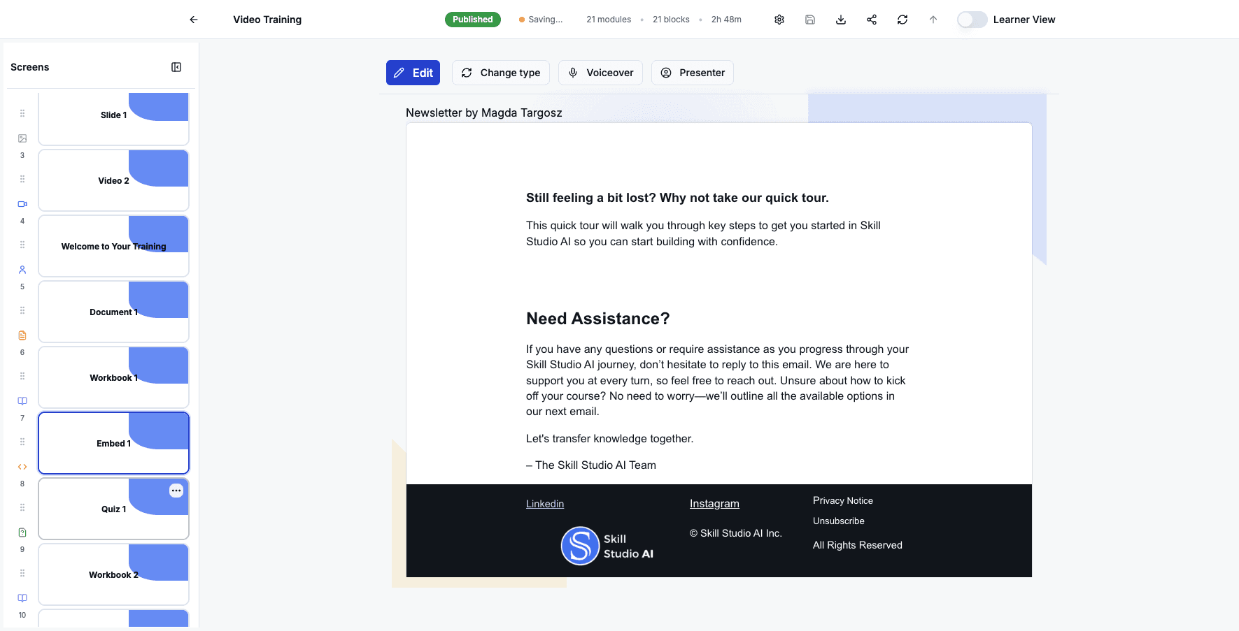 Click the Quiz 1 screen to view the quiz questions you've added.