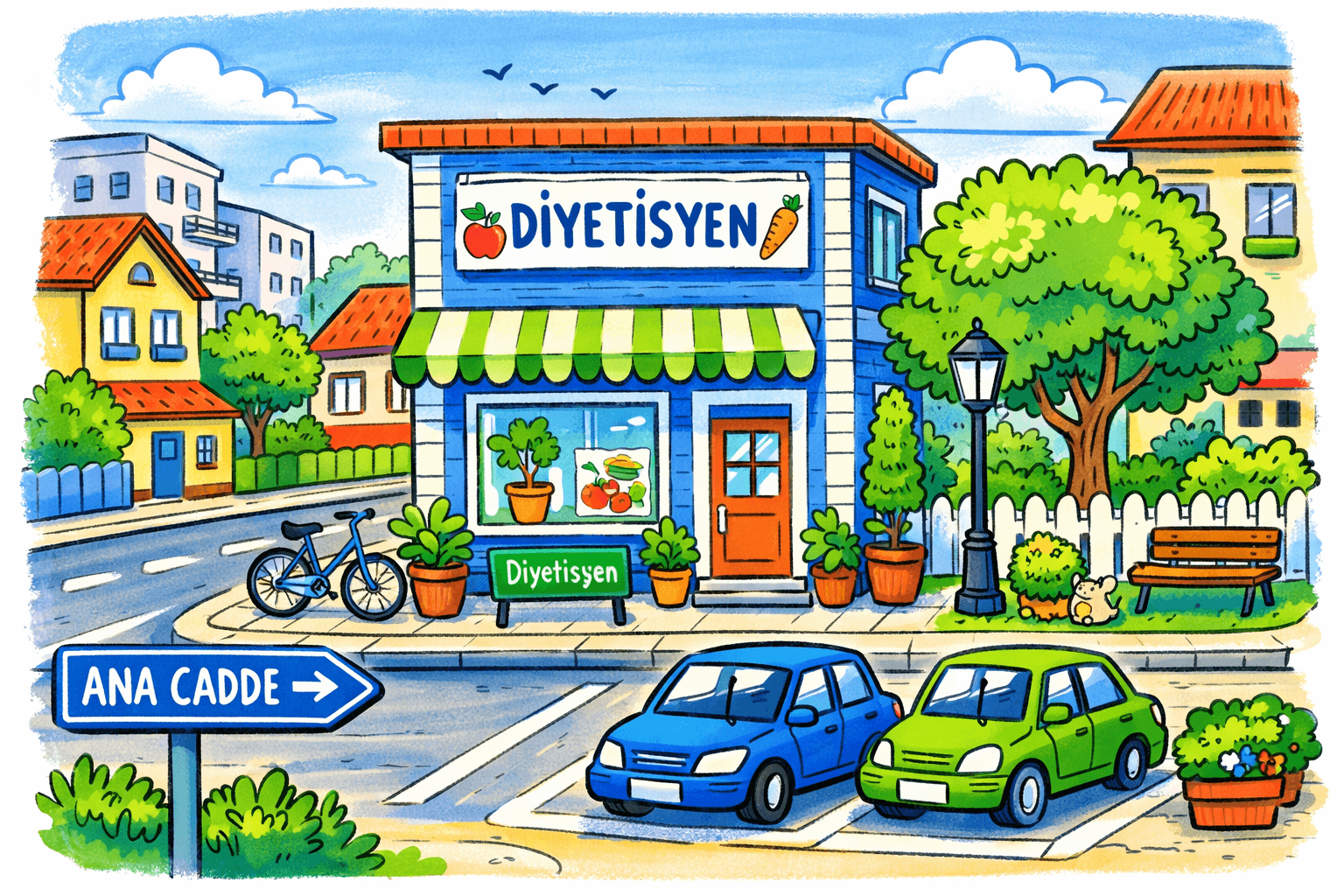 Ana caddeye yakın ancak sakin bir sokakta yer alan, park sorunu olmayan bir diyetisyen ofisini anlatan sevimli ve renkli illüstrasyon. Mavi ve yeşil tonların öne çıktığı sketch tarzı mahalle görselinde, kolay tarif edilebilir bir adreste konumlanan diyetisyen kliniği vurgulanıyor.